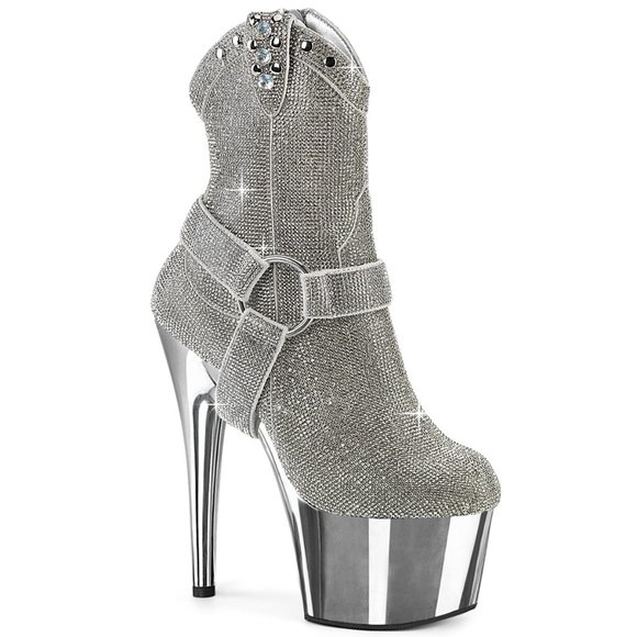 Pleaser Shoes - Pleaser Adore-1029CHRS Silver Rhinestone Chrome Cowboy Boots Platform Heels